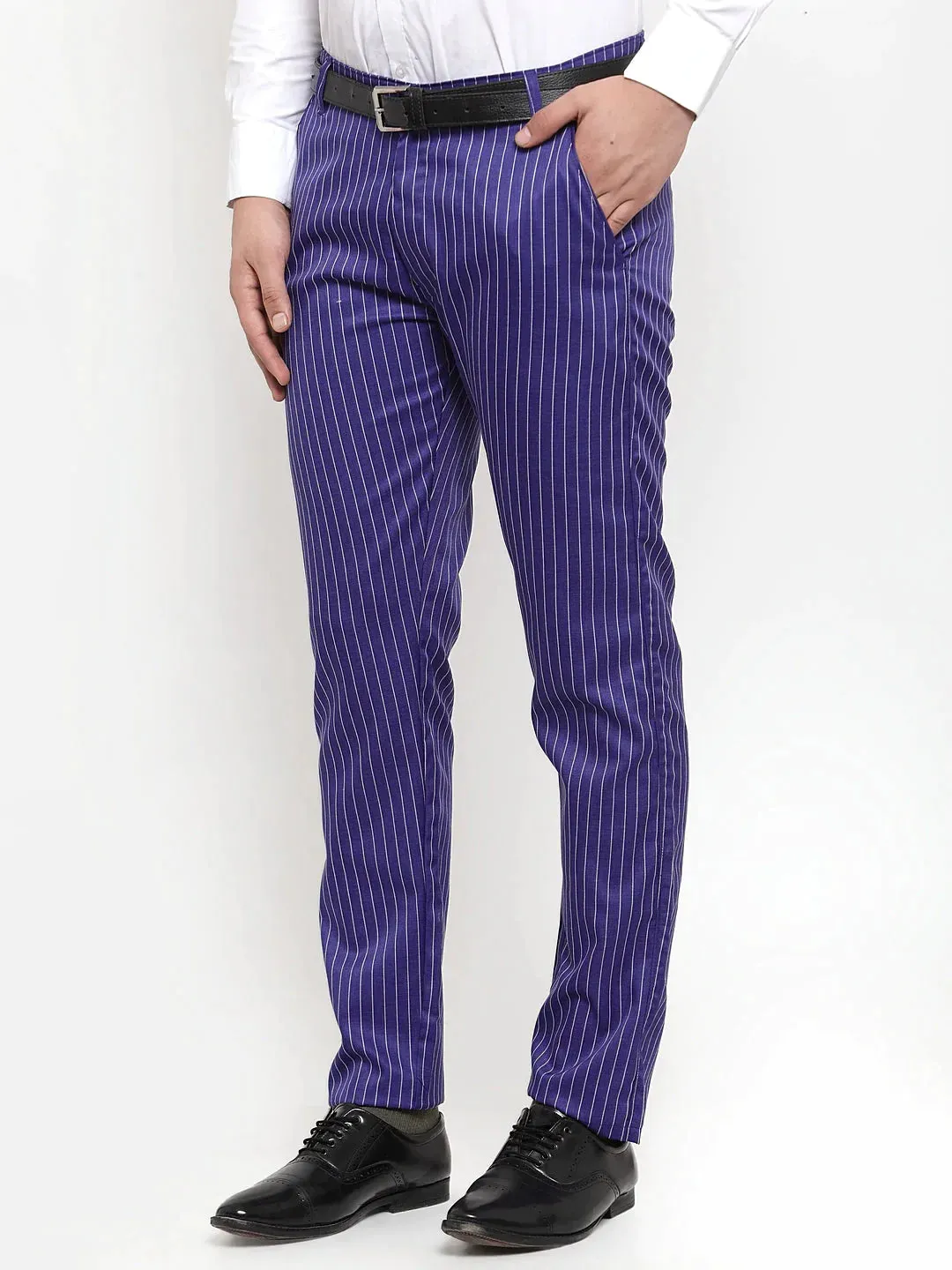 Men'S Blue Cotton Striped Formal Trousers