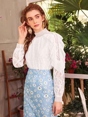 Mock Neck Ruffle Trim Lace Blouse