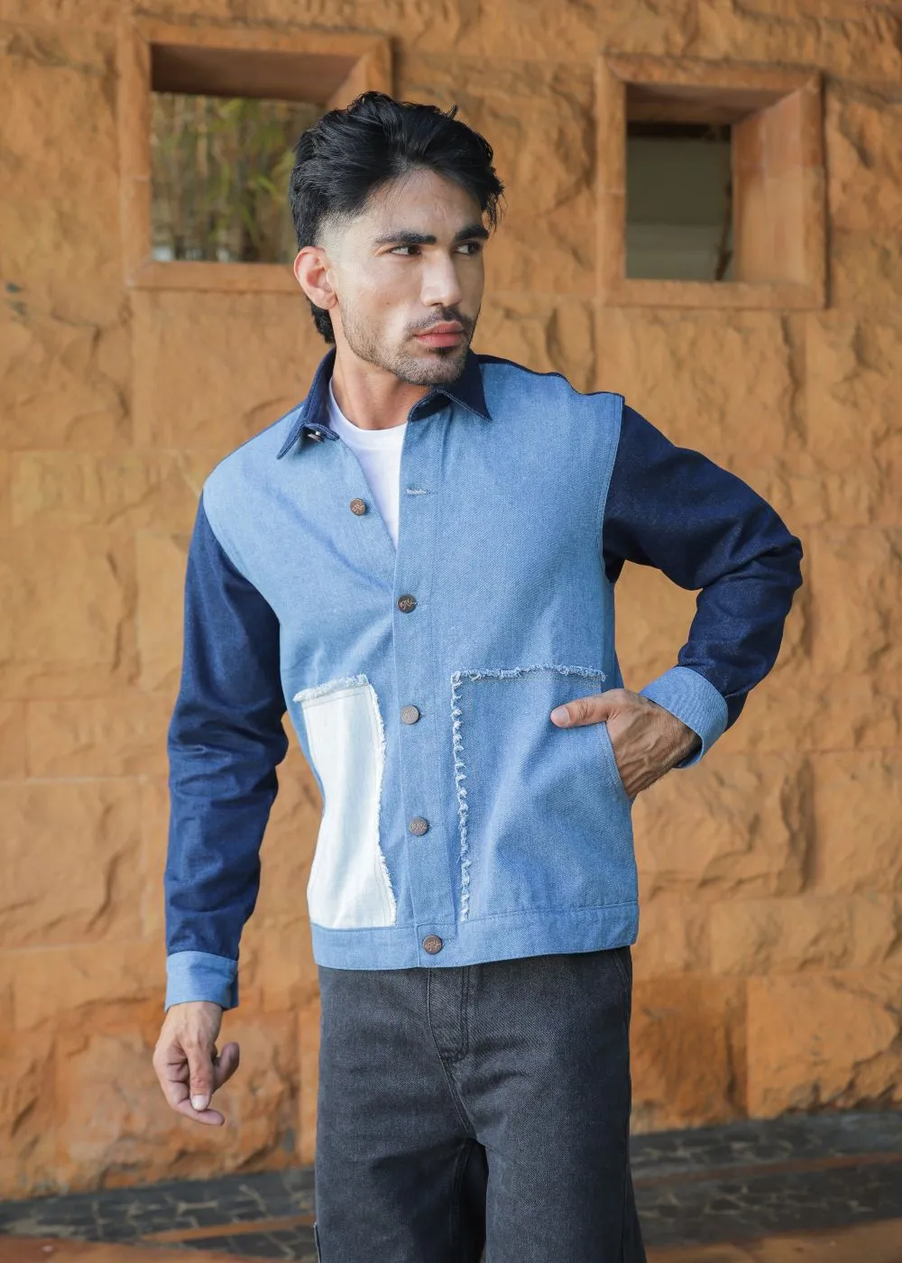 Multi-Tone Patched Jacket & Black Jog Jeans Look