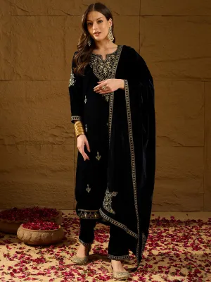 Navy Blue Velvet Solid Embroidered Straight 3-Piece Suit Set