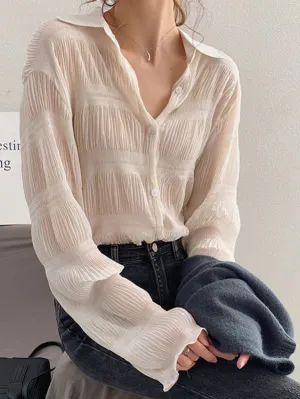 New 2022 Spring Vintage Elegant Women Chiffon Pleated Texture Blouses