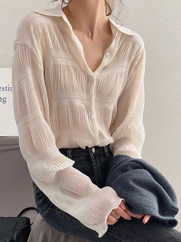 New 2022 Spring Vintage Elegant Women Chiffon Pleated Texture Blouses
