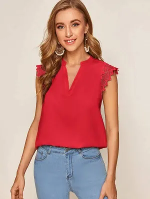 Notch Neck Guipure Lace Trim Top
