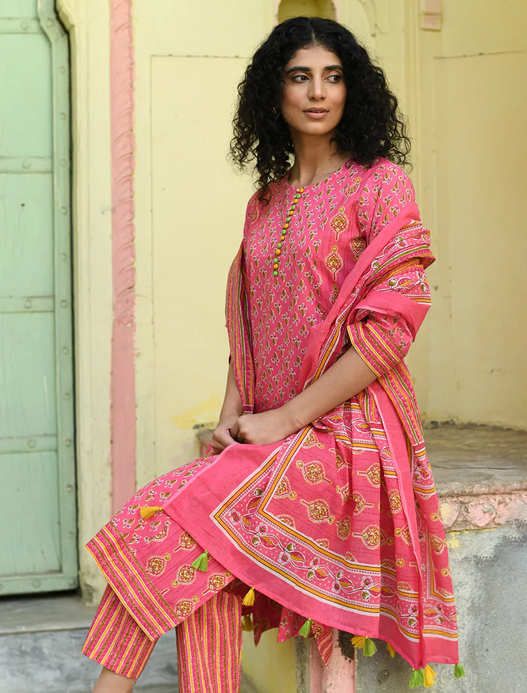 Pink Floral Printed Regular Pure Cotton 3-Piece Kurta Suit Set