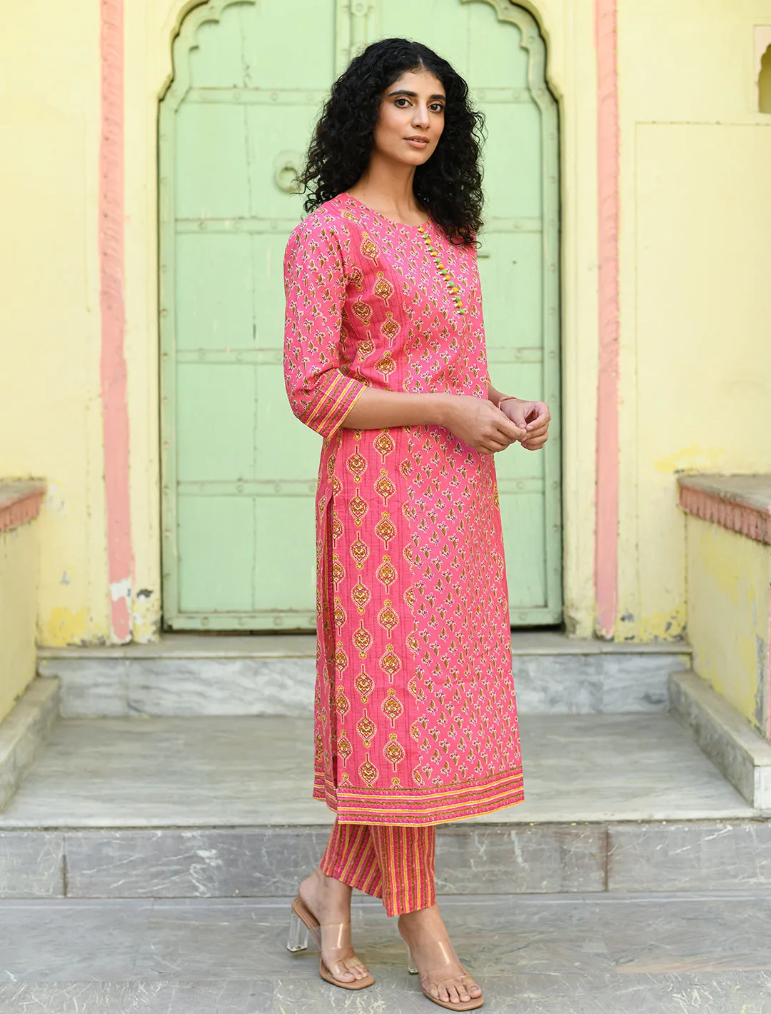 Pink Floral Printed Regular Pure Cotton 3-Piece Kurta Suit Set