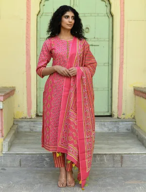 Pink Floral Printed Regular Pure Cotton 3-Piece Kurta Suit Set