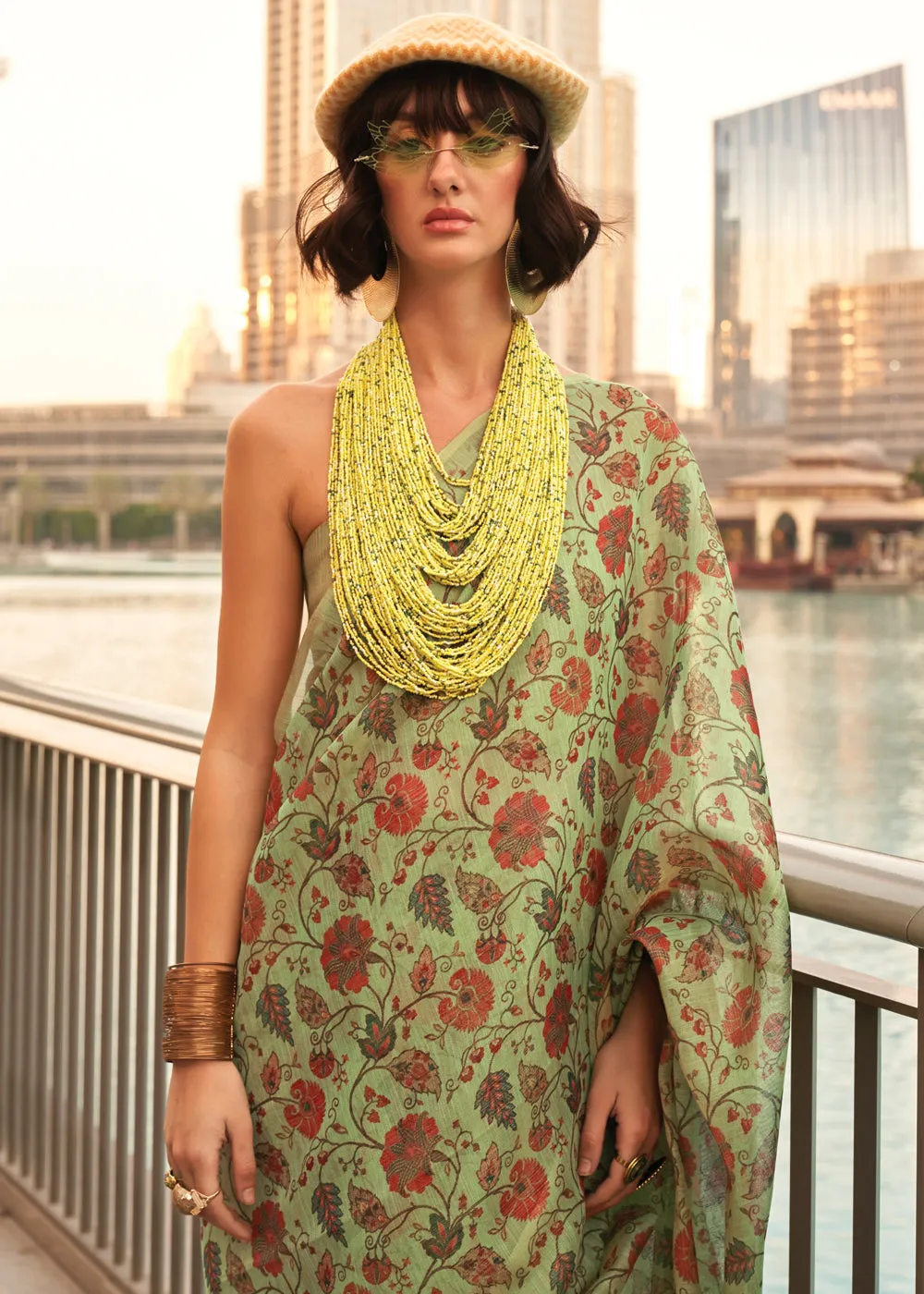 Pistachio Green Printed Tissue Banarasi Silk Saree