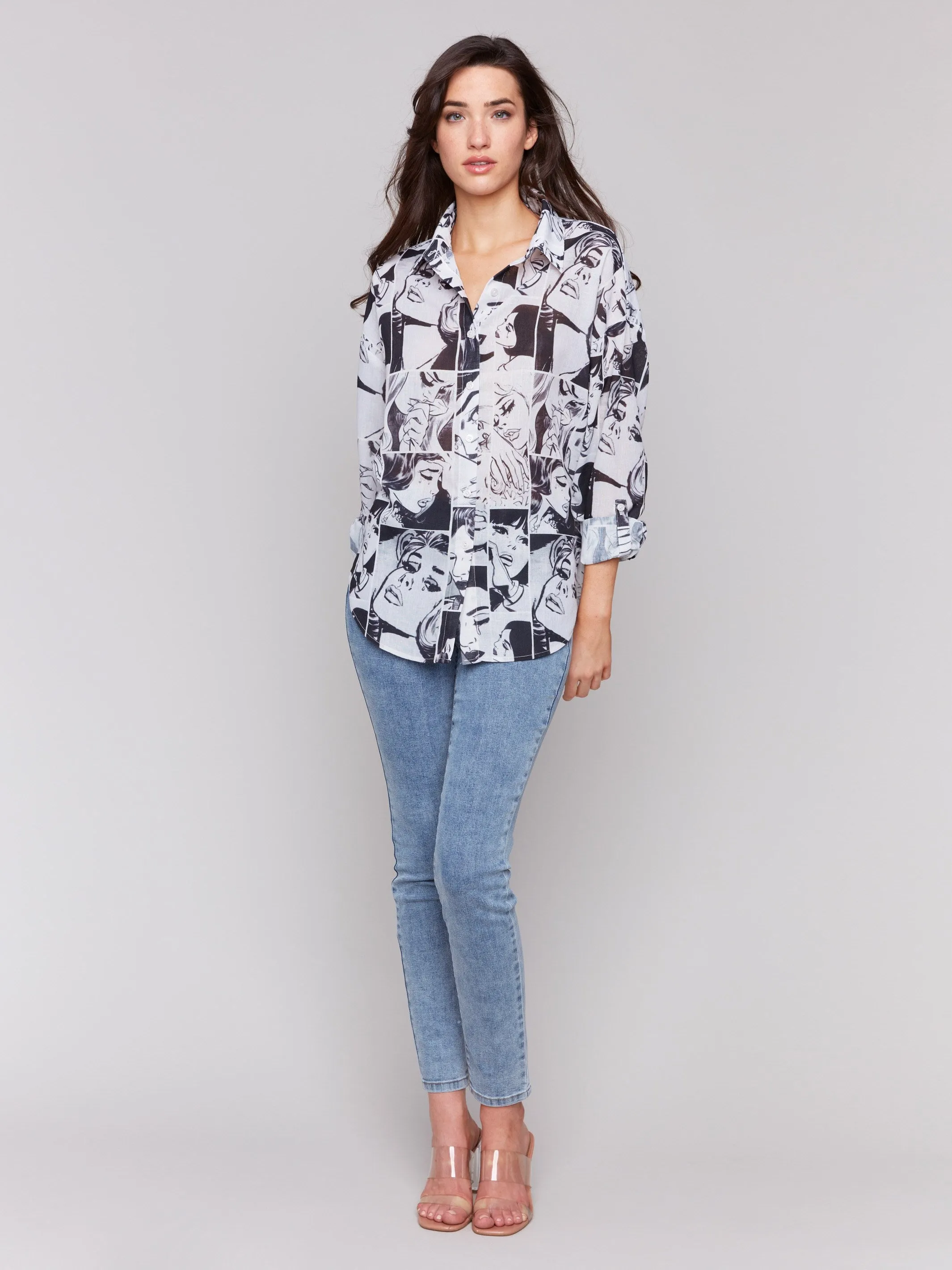 Printed Gauze Shirt with Roll-Up Sleeves - Comics