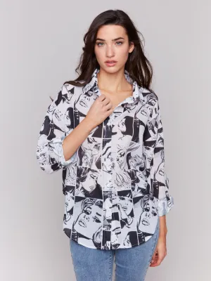 Printed Gauze Shirt with Roll-Up Sleeves - Comics