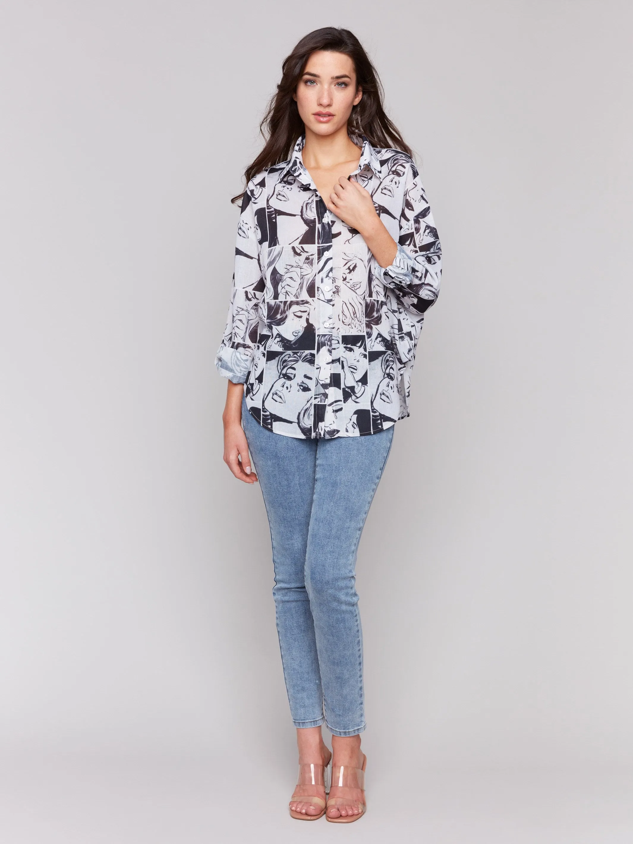 Printed Gauze Shirt with Roll-Up Sleeves - Comics
