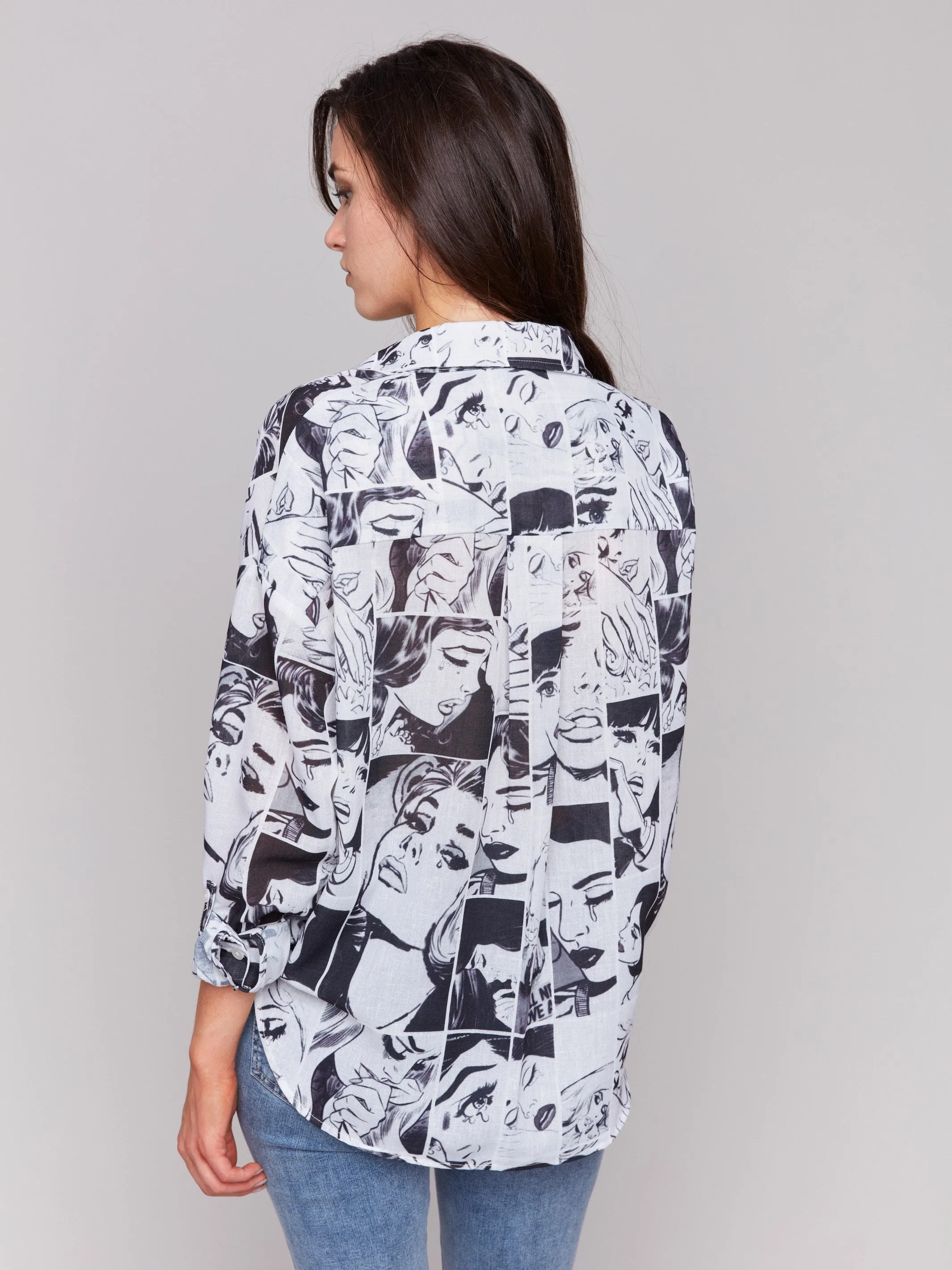 Printed Gauze Shirt with Roll-Up Sleeves - Comics