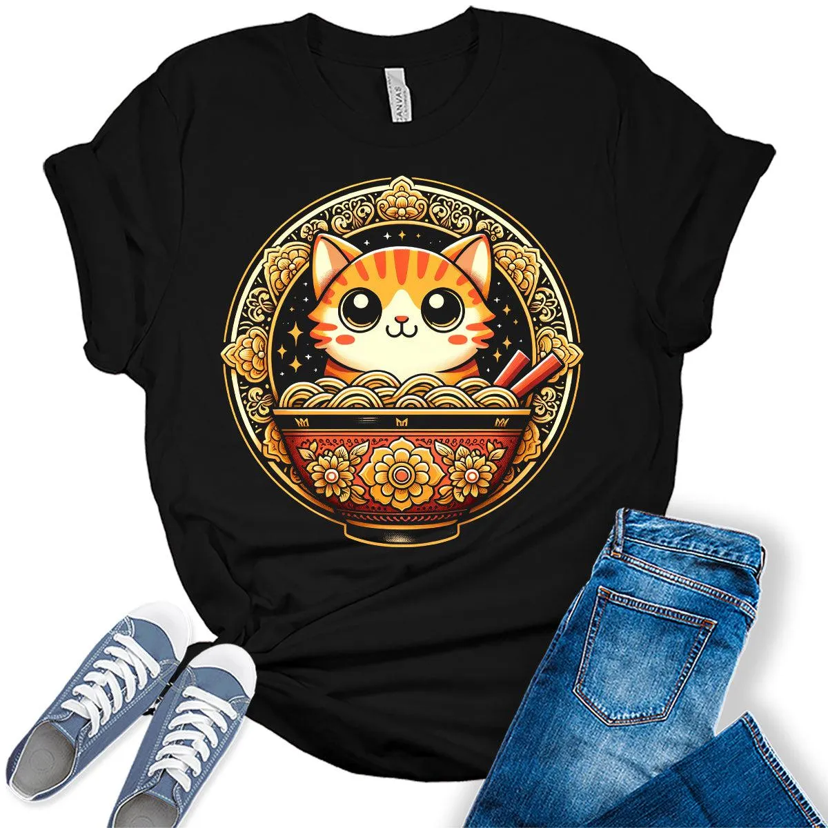 Ramen Cat Japanese Noodles Otaku Lover Graphic Tees for Women