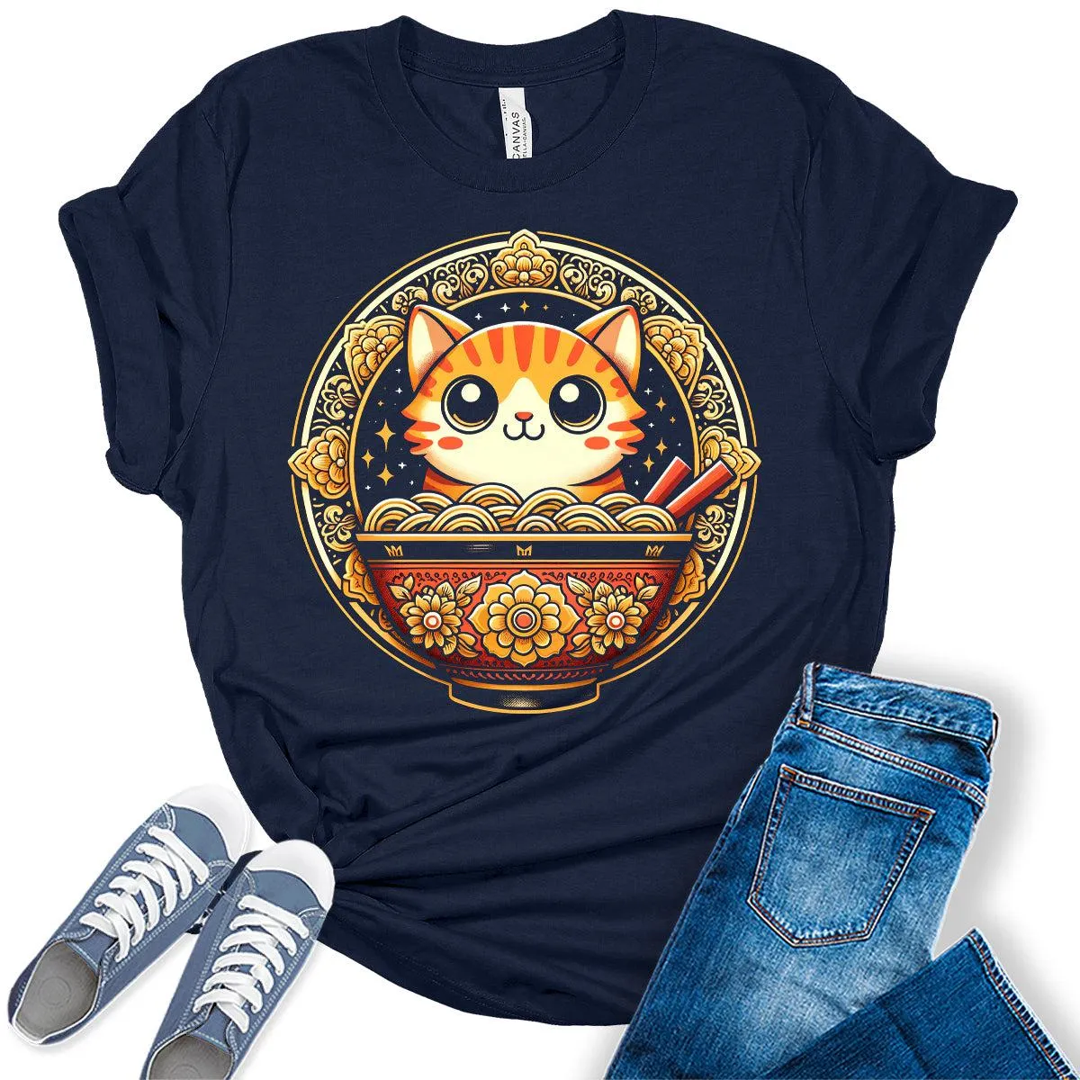 Ramen Cat Japanese Noodles Otaku Lover Graphic Tees for Women