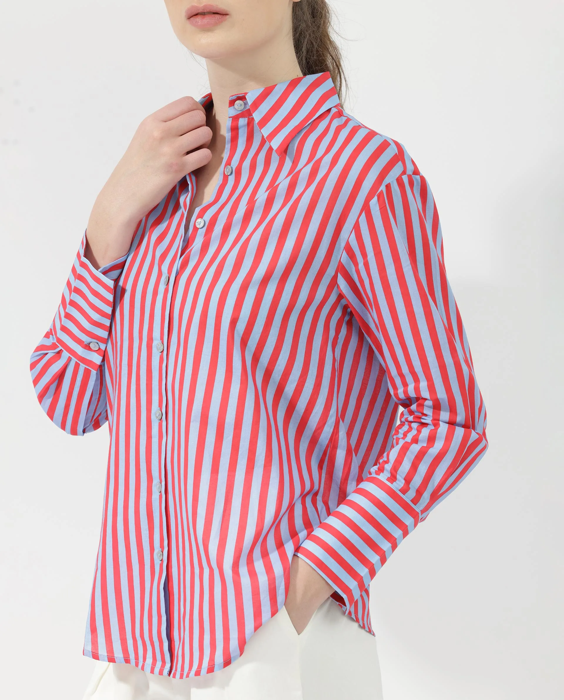 Rareism Womens Masha Blue Top Cotton Full Sleeve Geometric Print