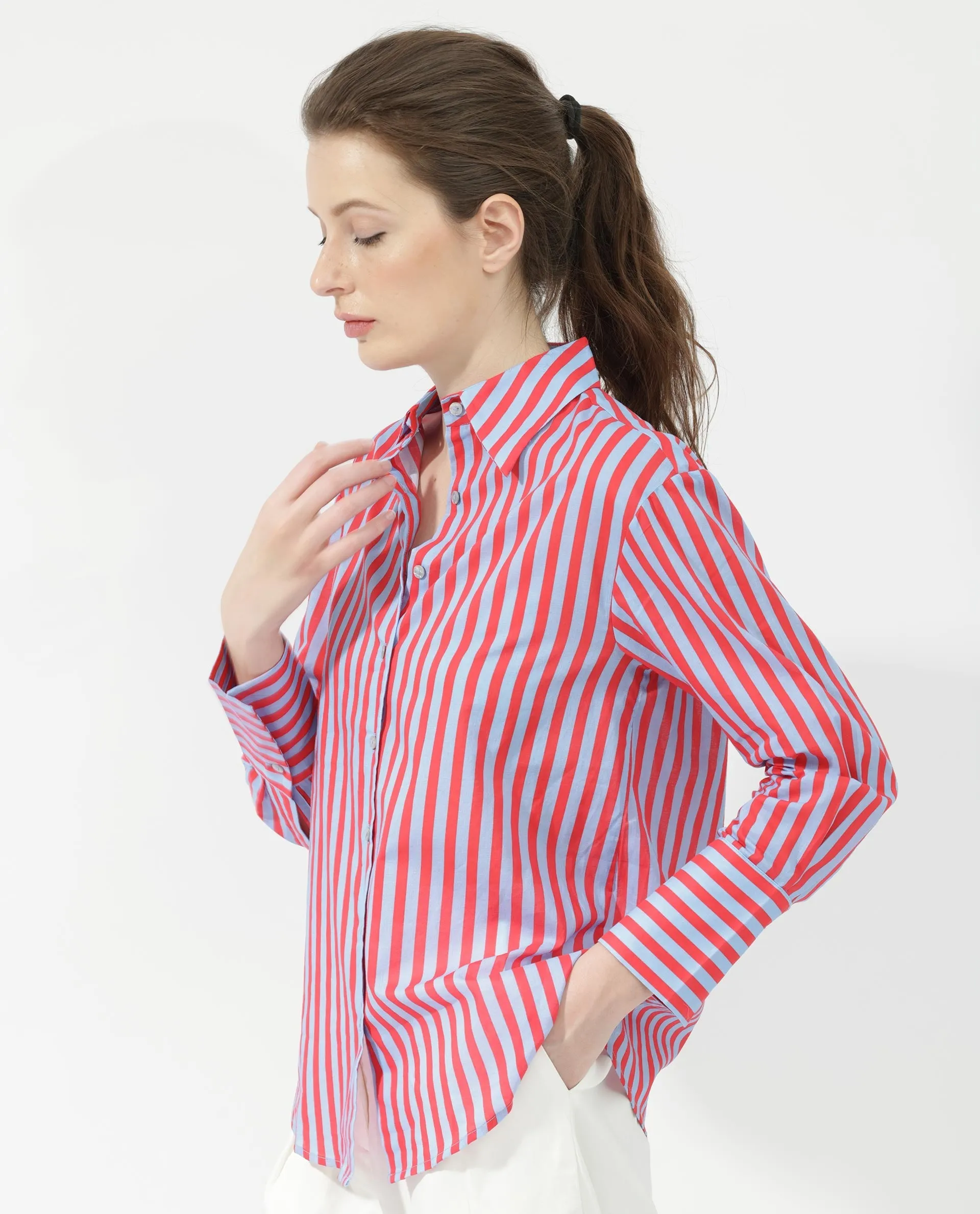 Rareism Womens Masha Blue Top Cotton Full Sleeve Geometric Print