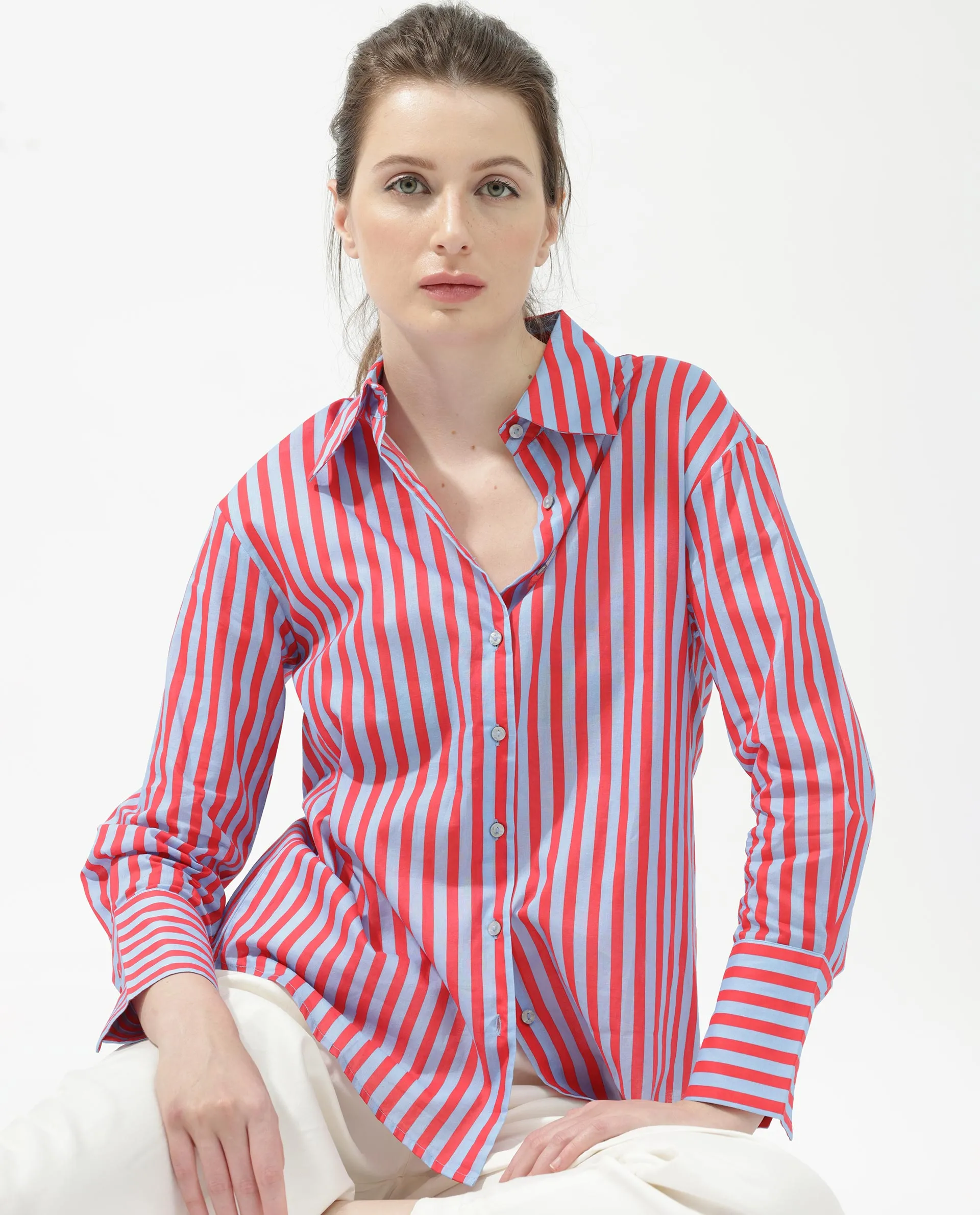 Rareism Womens Masha Blue Top Cotton Full Sleeve Geometric Print