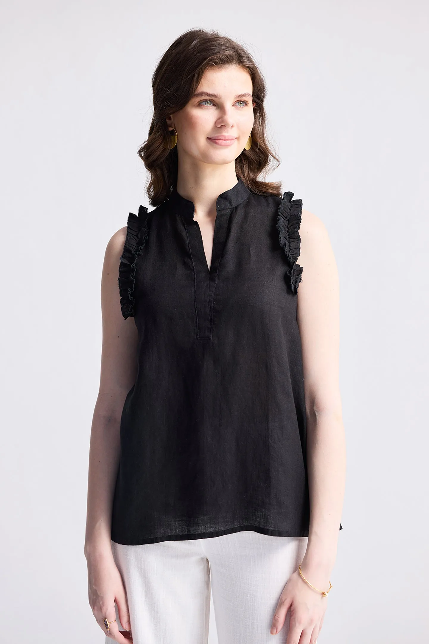 Reistor Sleeveless Hemp Top with Ruffles in Black | NEW COLLECTION