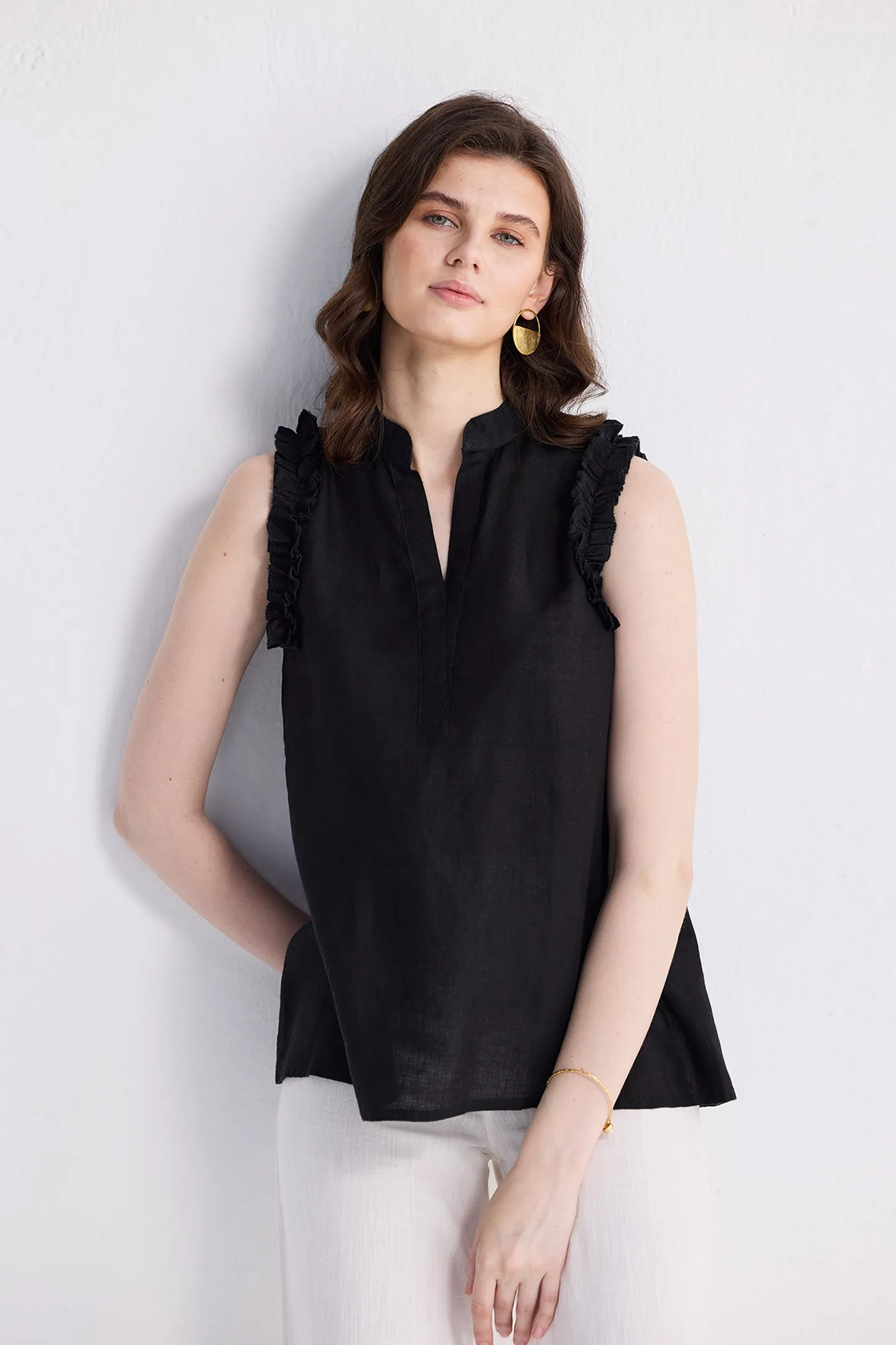 Reistor Sleeveless Hemp Top with Ruffles in Black | NEW COLLECTION