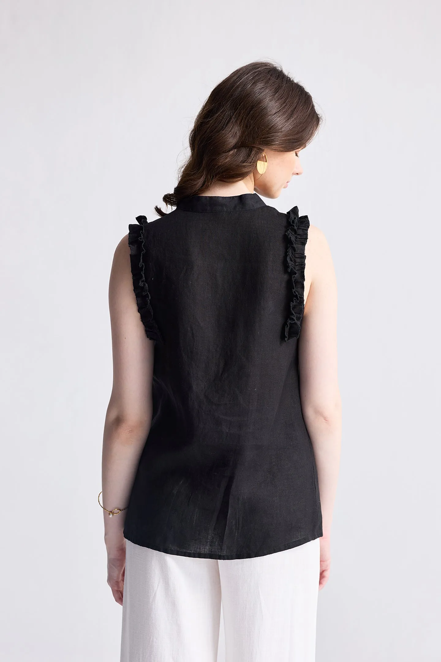 Reistor Sleeveless Hemp Top with Ruffles in Black | NEW COLLECTION