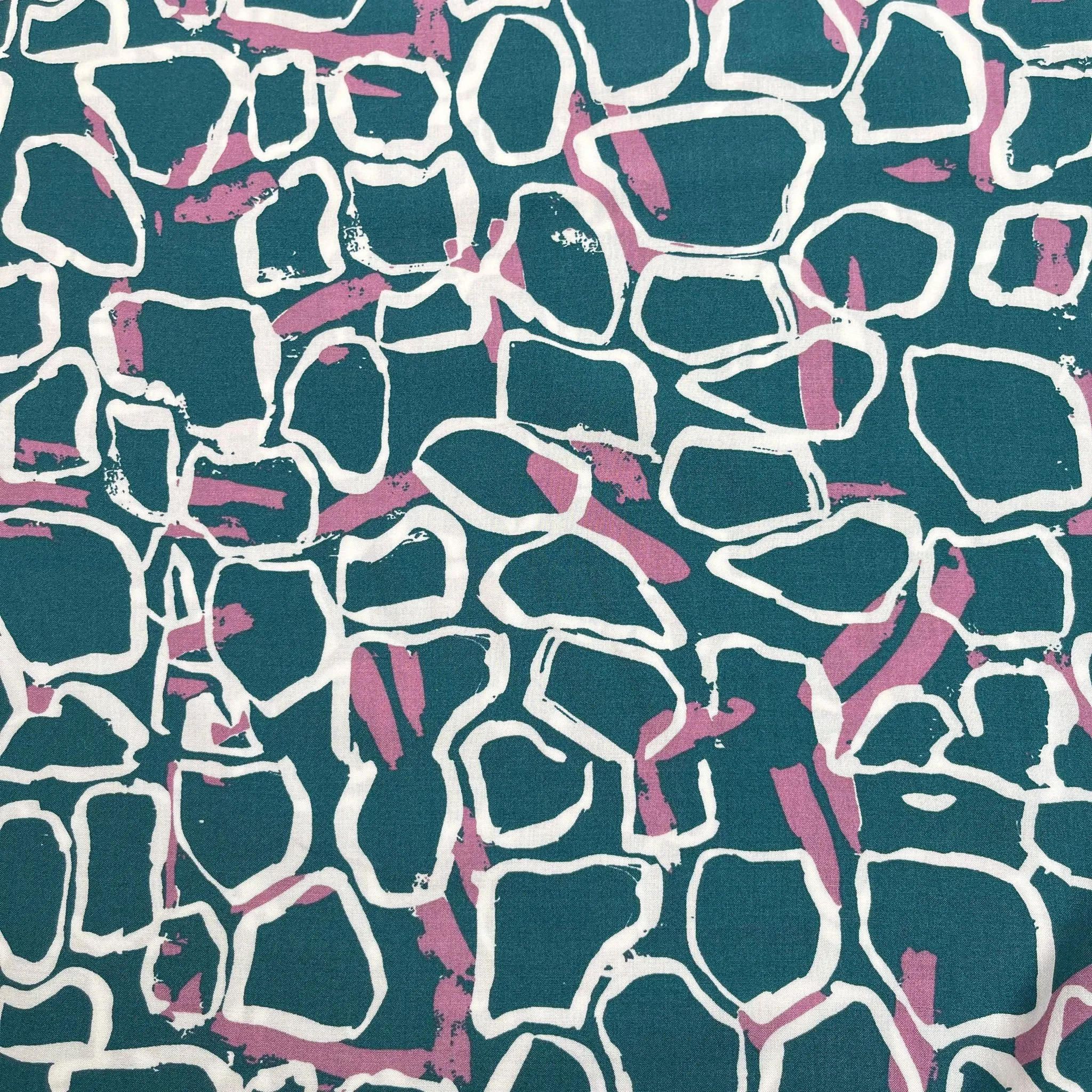 REMNANT 1.84 Metres - White Shapes on Teal Viscose Fabric