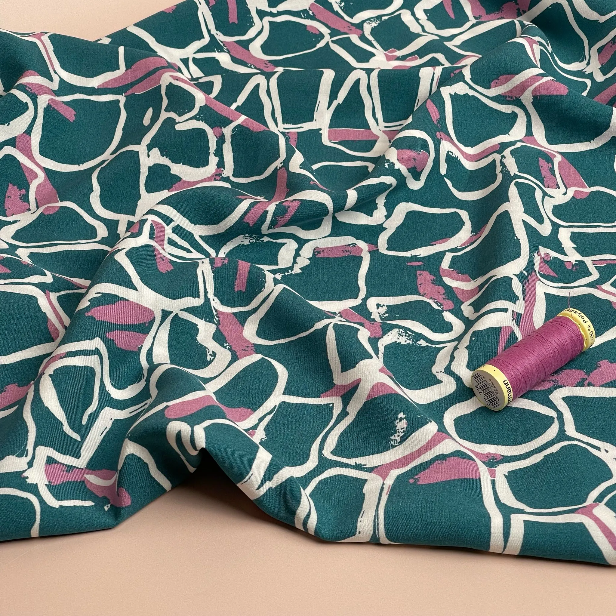 REMNANT 1.84 Metres - White Shapes on Teal Viscose Fabric
