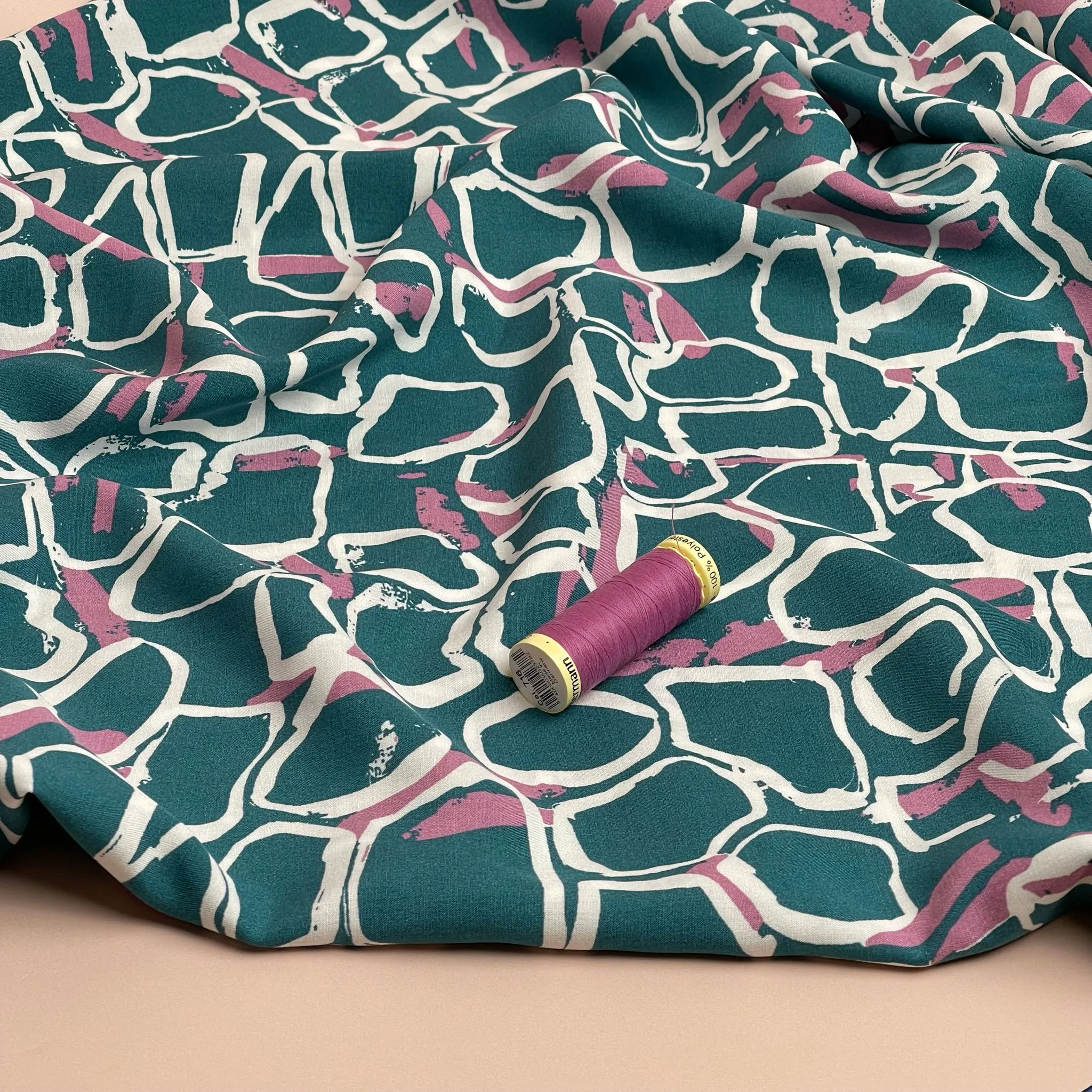 REMNANT 1.84 Metres - White Shapes on Teal Viscose Fabric