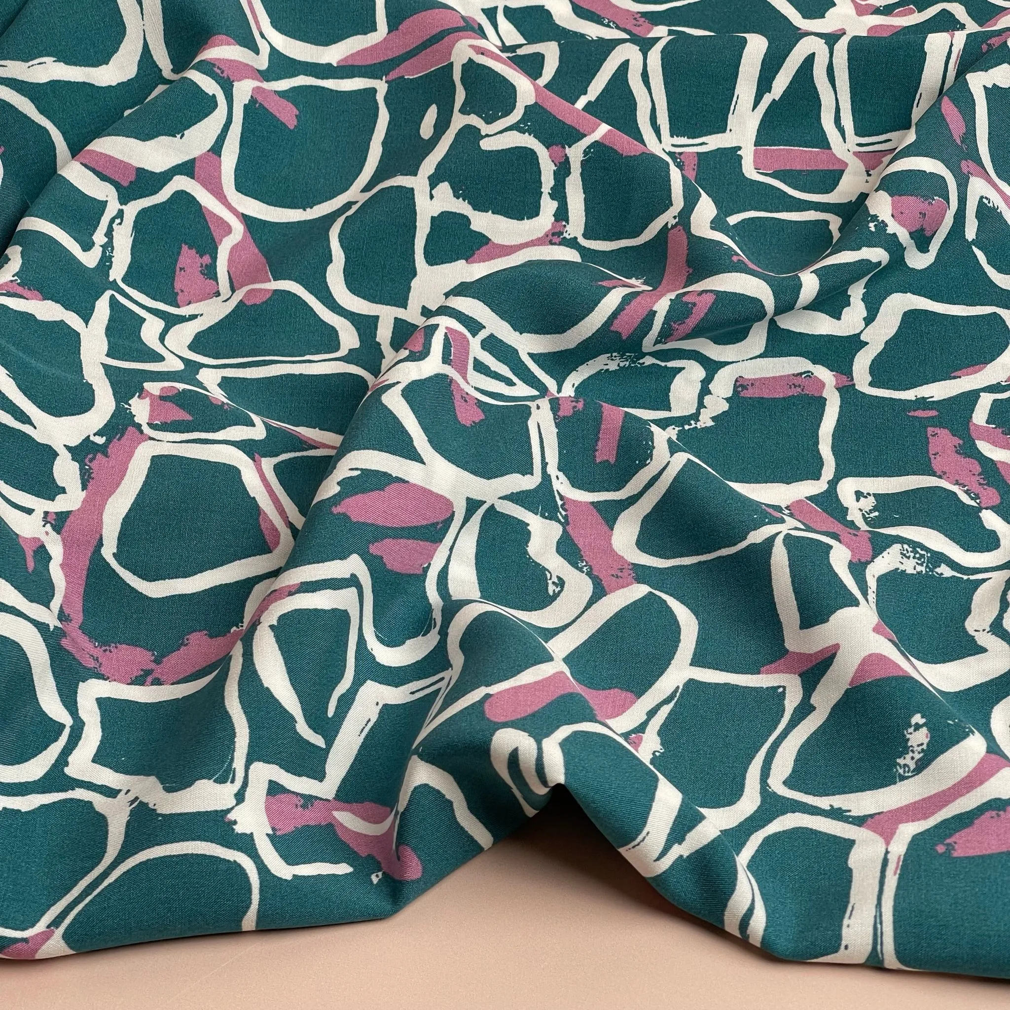 REMNANT 1.84 Metres - White Shapes on Teal Viscose Fabric