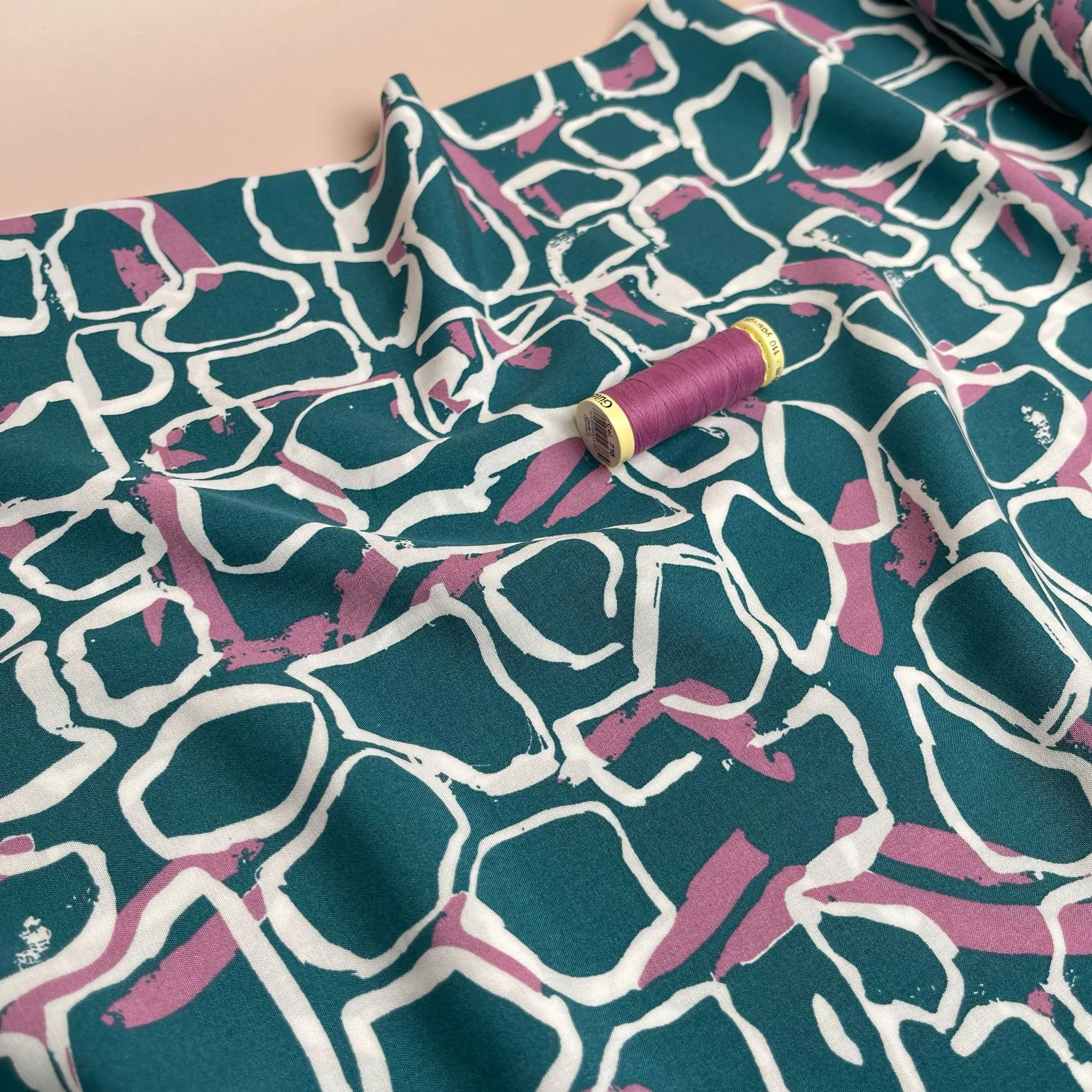 REMNANT 1.84 Metres - White Shapes on Teal Viscose Fabric