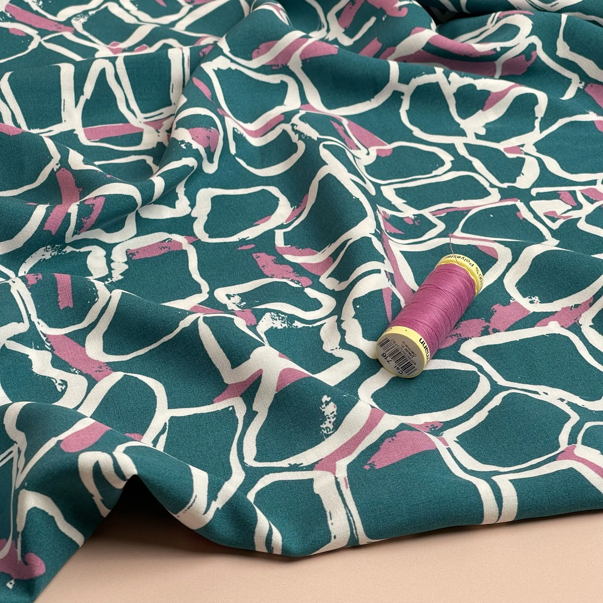 REMNANT 1.84 Metres - White Shapes on Teal Viscose Fabric
