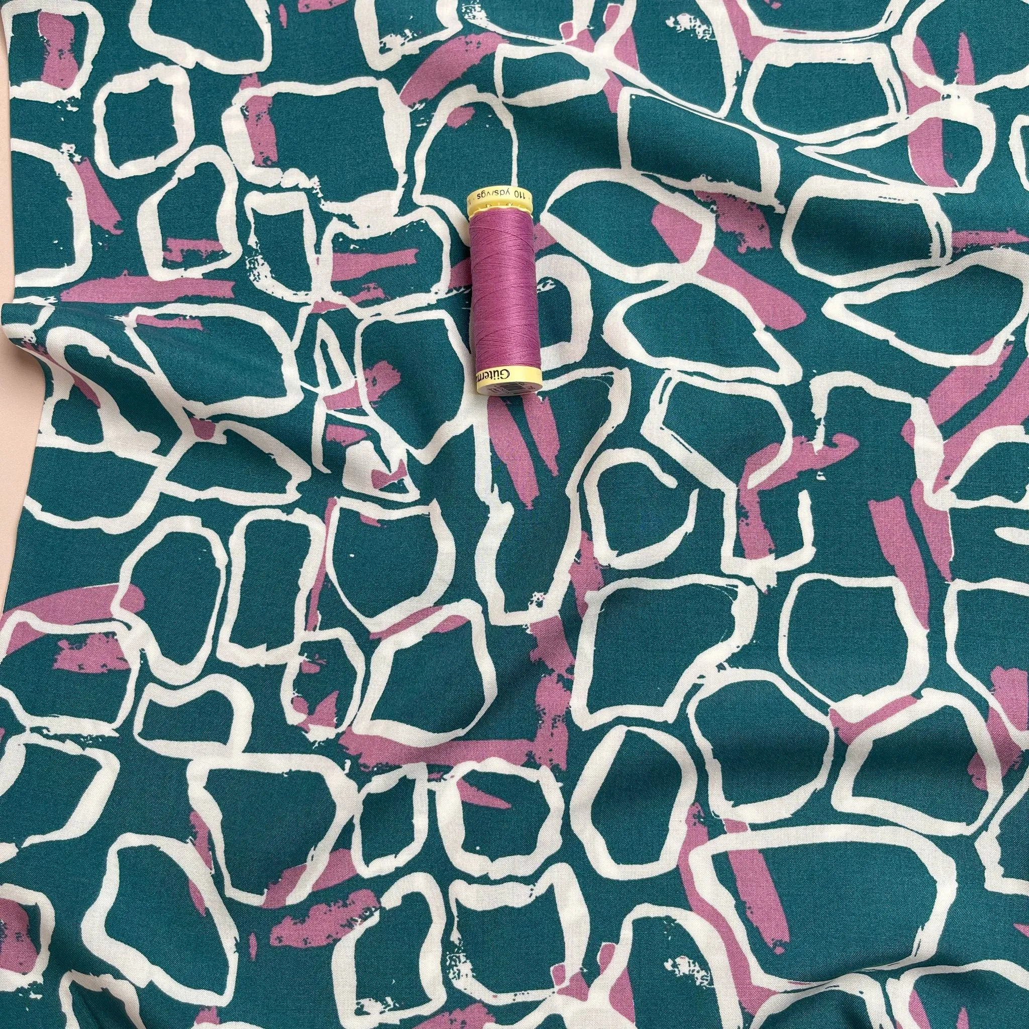 REMNANT 1.84 Metres - White Shapes on Teal Viscose Fabric