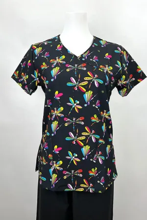 Revel Women's Mock Wrap Print Scrub Top | Jeweled Dragonflies