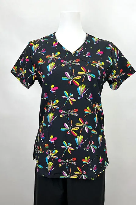 Revel Women's Mock Wrap Print Scrub Top | Jeweled Dragonflies