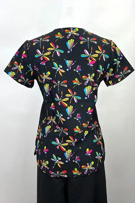 Revel Women's Mock Wrap Print Scrub Top | Jeweled Dragonflies