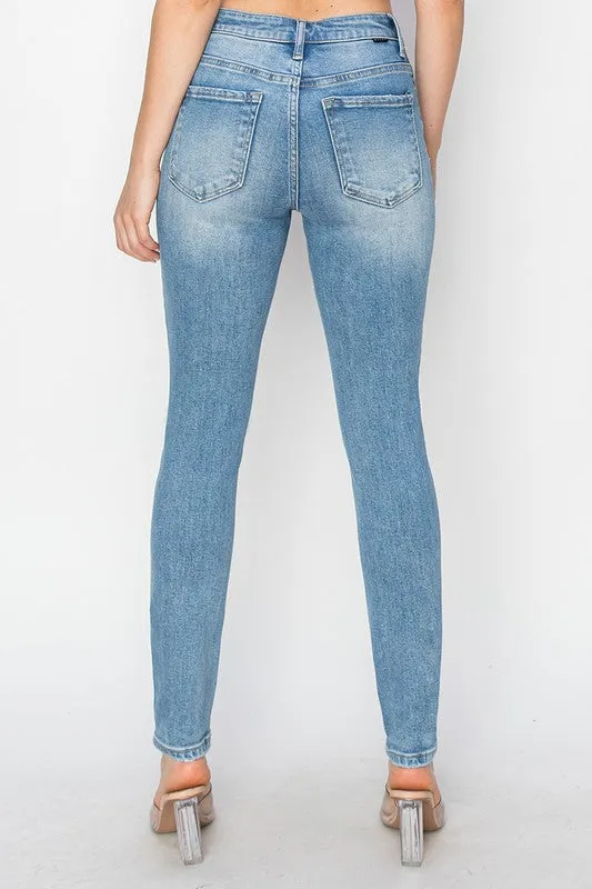 RISEN High Rise Knee Distressed Skinny Jeans in Light
