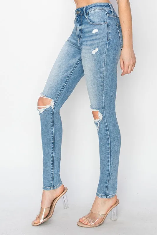RISEN High Rise Knee Distressed Skinny Jeans in Light
