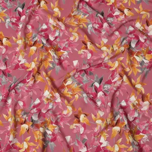 Rose Pink Viscose Fabric with Yellow and Orange Floral Digital Print, 110 cm Width-D20629