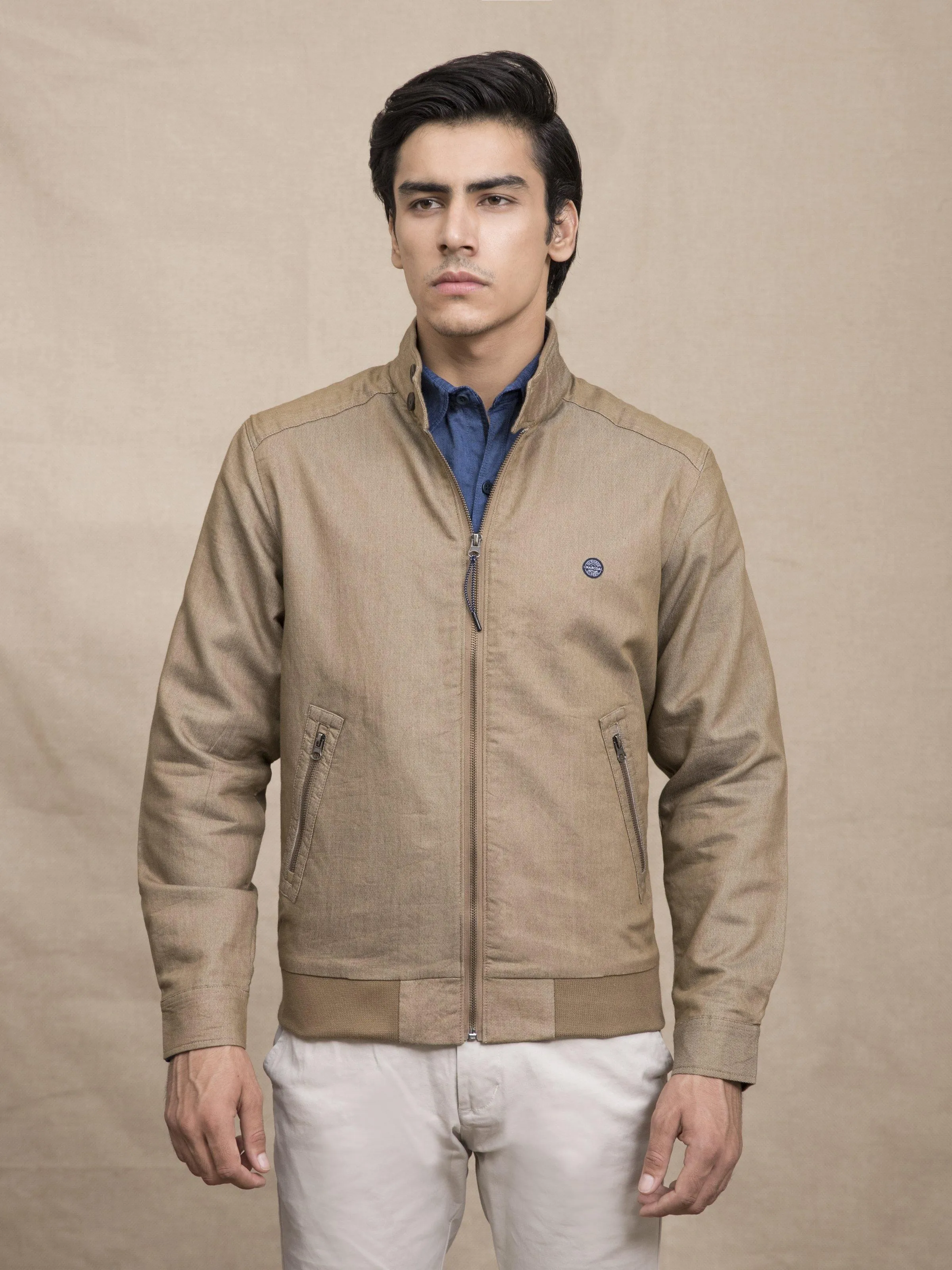 SELF TEXTURED BAN COLLAR JACKET LIGHT BROWN