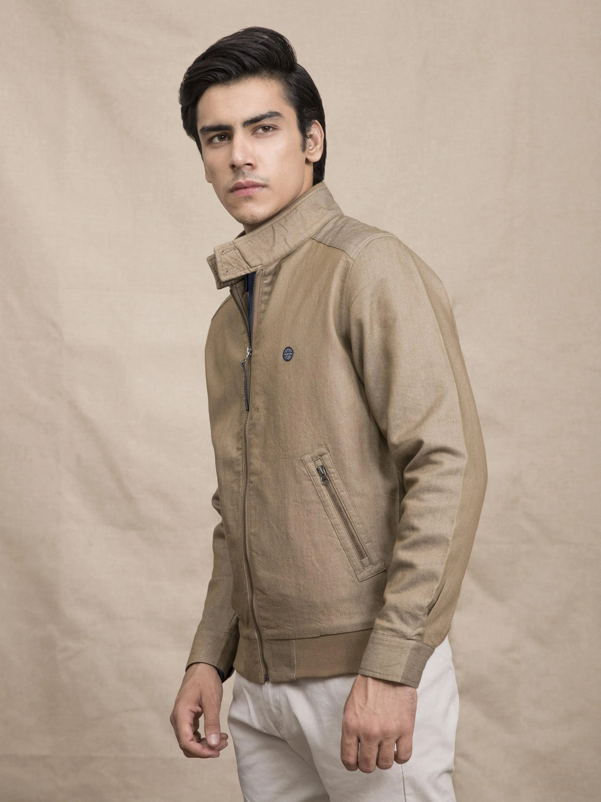 SELF TEXTURED BAN COLLAR JACKET LIGHT BROWN