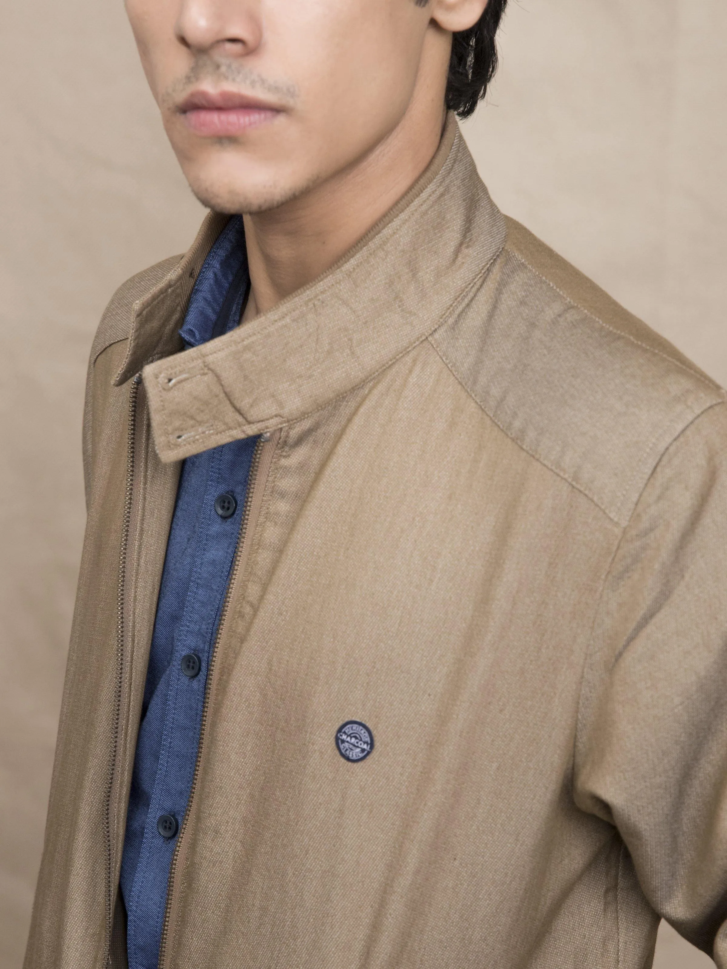 SELF TEXTURED BAN COLLAR JACKET LIGHT BROWN