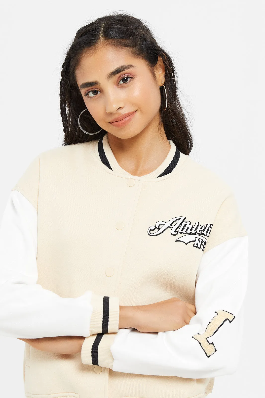 Senior Girls Beige And White Baseball Jackets