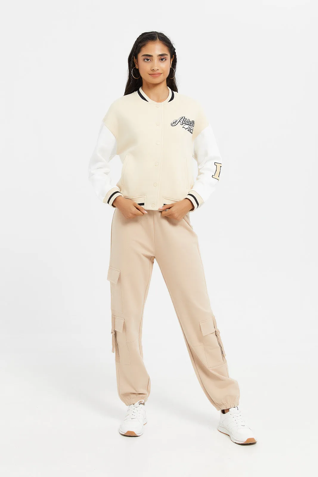 Senior Girls Beige And White Baseball Jackets