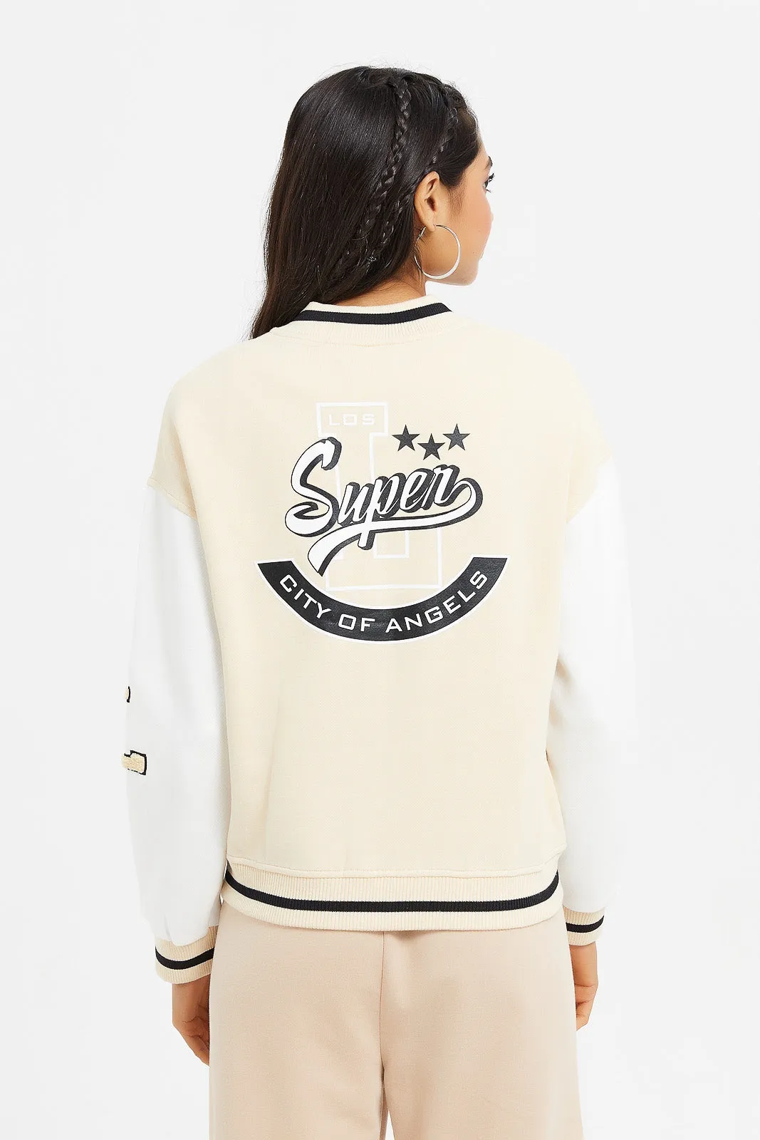 Senior Girls Beige And White Baseball Jackets