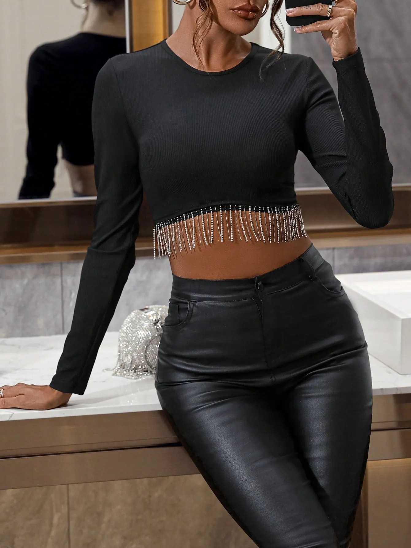 SHEIN BAE Rhinestone Fringe Trim Crop Tee