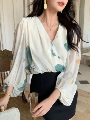 Shein DAZY 1pc Women's Floral Print Long Sleeve V-Neck Oblique Front Elegant Blouse For Summer