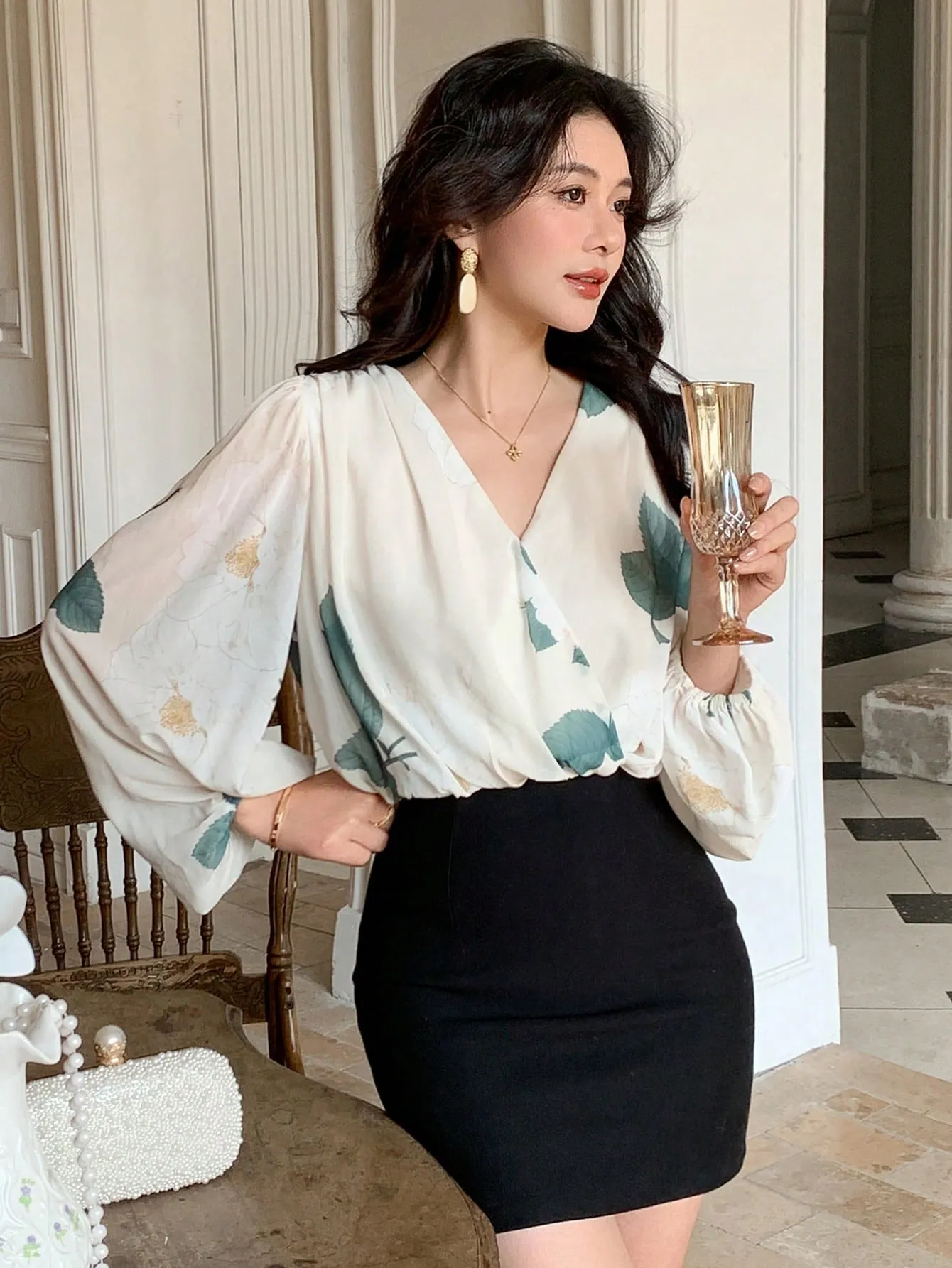 Shein DAZY 1pc Women's Floral Print Long Sleeve V-Neck Oblique Front Elegant Blouse For Summer