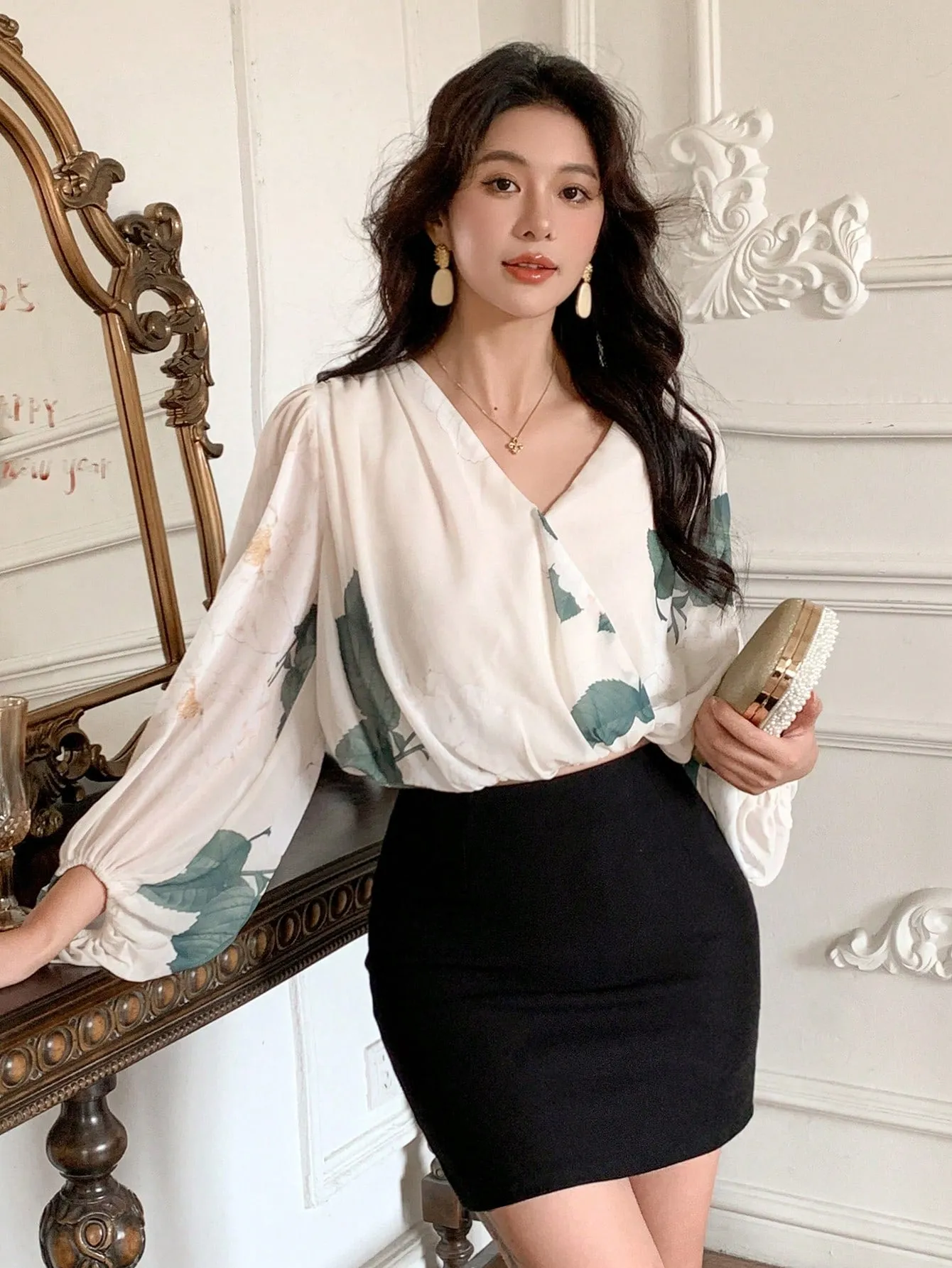 Shein DAZY 1pc Women's Floral Print Long Sleeve V-Neck Oblique Front Elegant Blouse For Summer