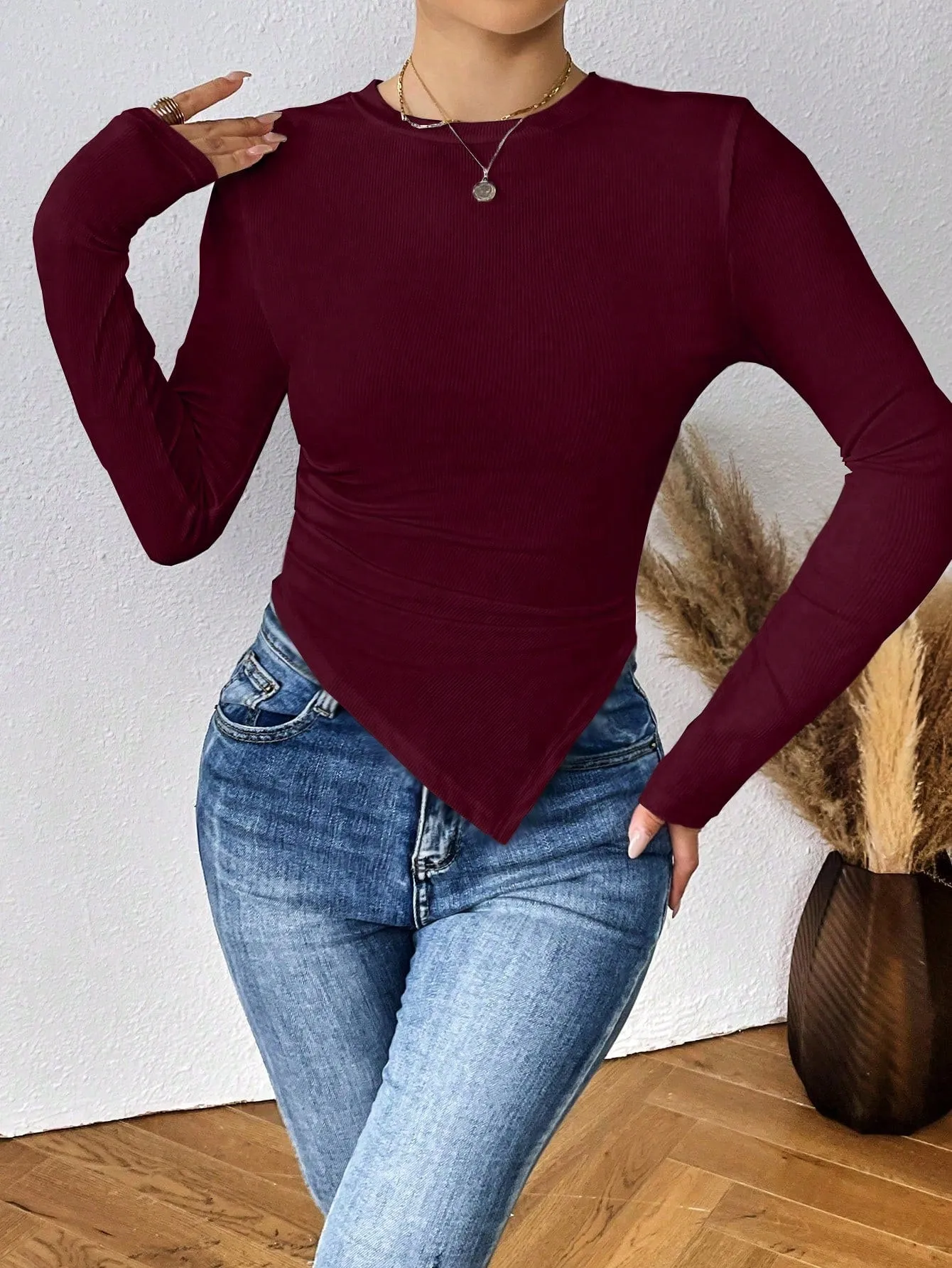 SHEIN Essnce Women's Solid Color Asymmetric Hem T-shirt
