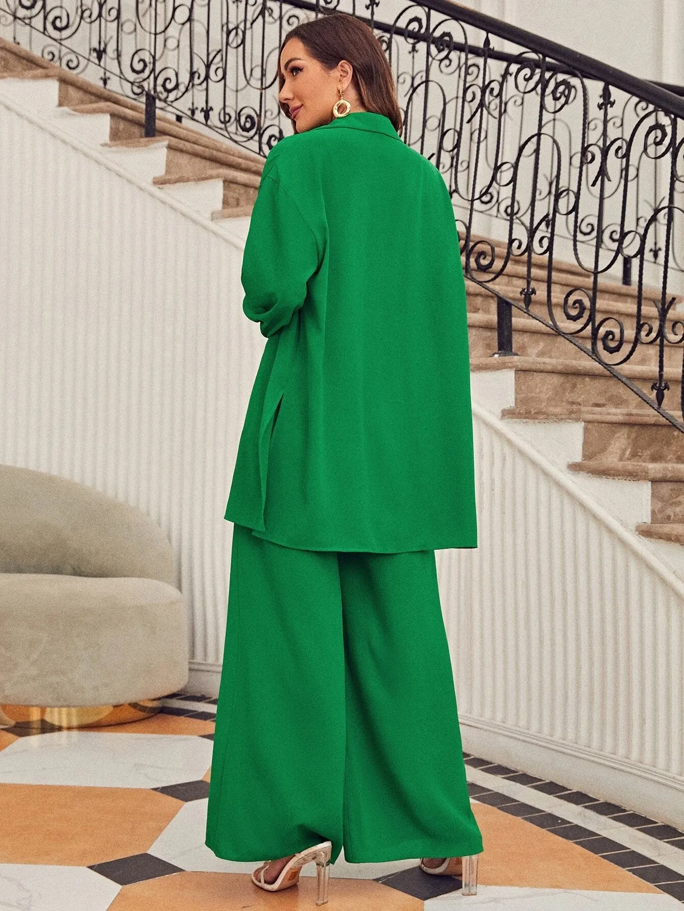 SHEIN Frenchy Drop Shoulder Button Front Blouse & Wide Leg Pants