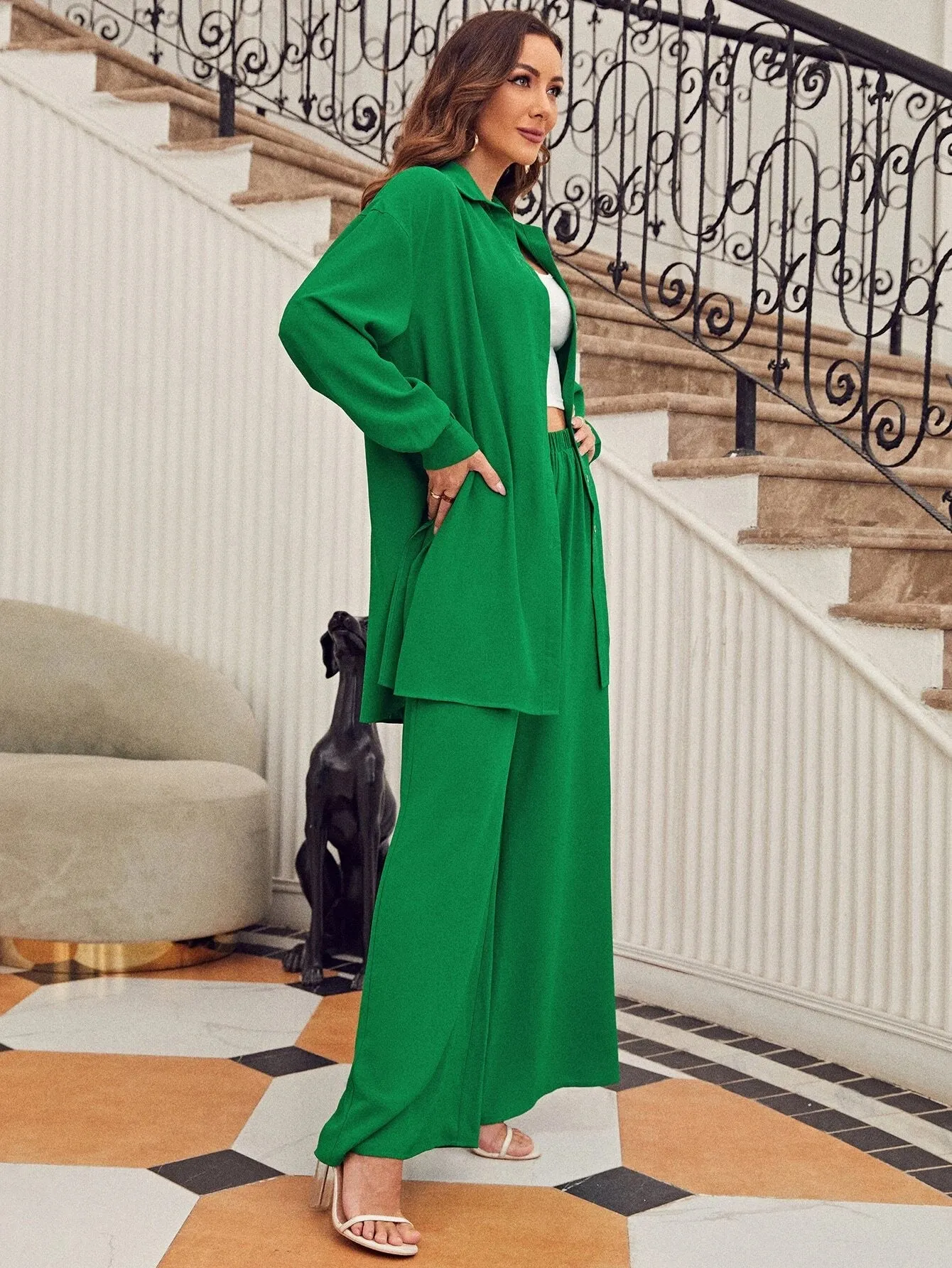 SHEIN Frenchy Drop Shoulder Button Front Blouse & Wide Leg Pants