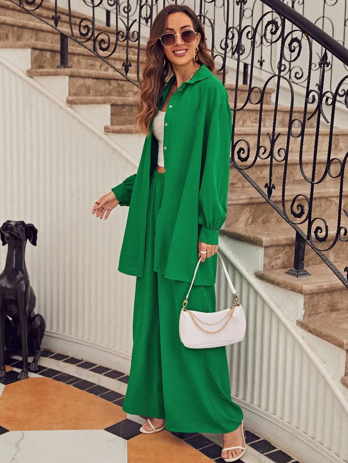 SHEIN Frenchy Drop Shoulder Button Front Blouse & Wide Leg Pants